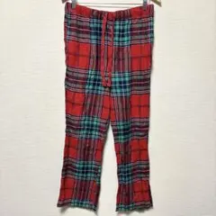 チェック柄 ワイド ストレートパンツ 赤 グリーン ウエストゴム レディース