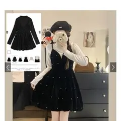 ビジューベロアキャミソールミニワンピース✕ボトルネックトップスセットアップ