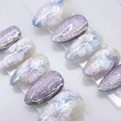 【1031】ネイルチップMサイズ 紫　青 ラメ ニュアンス 花柄 白 マグネット