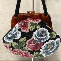 極美品 ビーズバッグ 総ビーズ ハンドバッグ 花柄 がま口 ブラック