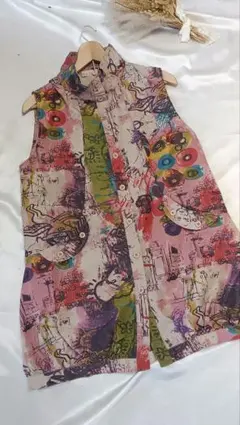 Y2K 総柄ナイロンロングベスト　個性的