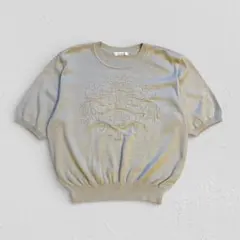 ネップ調 刺繍デザイン 半袖ニット 綿100% ベージュ系 古着
