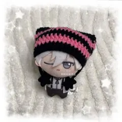 編み物 ちびぐるみ ぬい服 猫耳ニット帽 ブラック×ストロベリーピンク