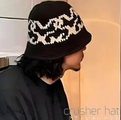 クラッシャーハット　黒　ニットハット　モノクロ　持ち運び　ユニセックス　韓国