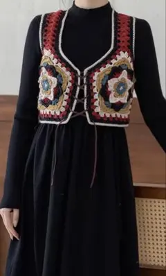ハンドメイド かぎ針編み 花モチーフ ベスト｜一点物・新品