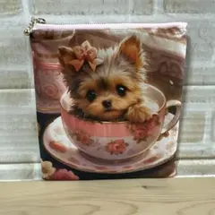 ハンドメイド フラットポーチ デニムバッグにポメラニアン パネル生地