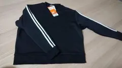 【新品タグ付】裏起毛 フリース ブラック ストライプ 長袖Tシャツ Lサイズ