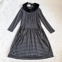 トリココムデギャルソン ボーダー ロングワンピース ファー付き ブラック グレー