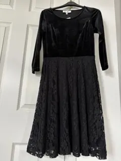 ローラアシュレイ　ブラック　7分袖ワンピース　ベロアxレース
