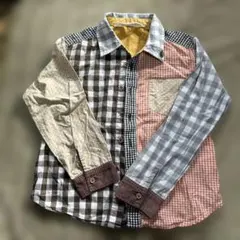 パッチワークチェック柄長袖シャツ