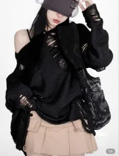 【Sサイズ】SHEIN ダメージ加工オフショルダーニット 黒