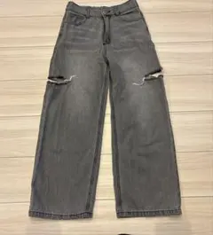 lovetoxic グレー ワイドレッグデニムパンツ ダメージ