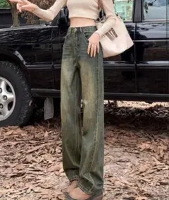 レディースカジュアルルーズハイウエスト ストレートレッグジーンズ