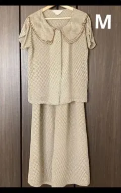 ドット柄　フリル襟　セットアップ　M ブラウス　ワイドパンツ