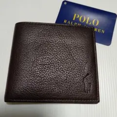 未使用POLO ラルフローレン 牛革シボ 二つ折り 札入れ財布 ダークブラウンA
