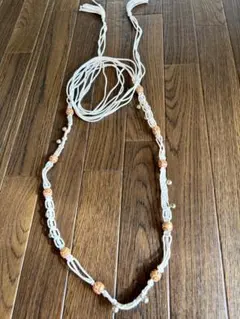 白い帯締め 木製ビーズ装飾