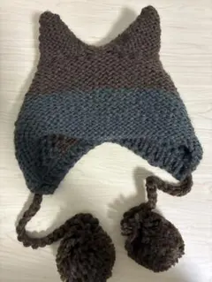 猫耳ニット帽 ブラウン グレー ポンポン付き　y2k グランジ