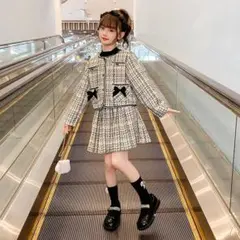 キッズ入学式スーツ2点セット小学校150卒業式ホワイト白ツイード女の子リボン韓国