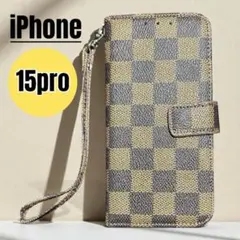 iPhone15proケース 手帳型 チェック ブラウン ストラップ カード収納