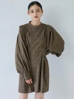 【値下げ】MURUA ボリュームスリーブミニワンピース ブラウン チェック