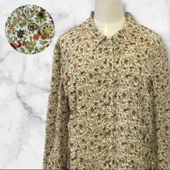【オーダー一点物】レトロシャツ オリーブグリーン　小花柄　金ボタン　ロング丈