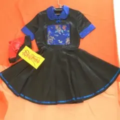 チャイナドレス 黒・青 龍の刺繍 帽子付き　中国風ミニワンピース　コスプレ￼