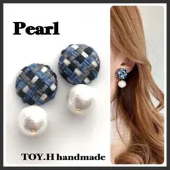 ブルー×ブラックサークル　パール　ハンドメイドピアス　イヤリング98