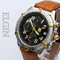 美品稼働品 ELGIN クロノグラフ Y2K 回転ベゼル 革ベルト メンズのサムネイル