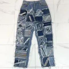 希少❗️リメイクデニム パッチワーク 再構築 ビジュ 星 一点物 ワイド 