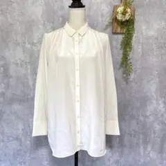 【UNIQLO】シャイニーギャザーブラウス ロングシャツ 艶感 長袖 白　L