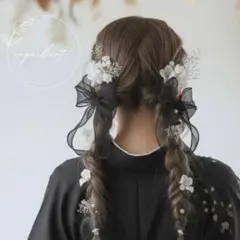 髪飾り リボン ブラック 黒⑲／ 成人式 卒業式 七五三 ツインテール