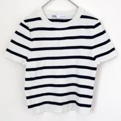 ザラ　ニット　ショート　クルーネック　オフホワイト　黒　ボーダー柄　EUR M