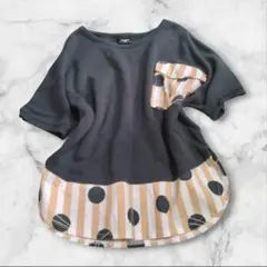 manina　ドット柄ストライプ　Tシャツ　ゆったりシルエット　異素材ドッキング