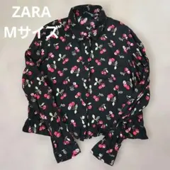 ZARAチェリー柄 長袖シャツ 黒 フリル レーヨン100%