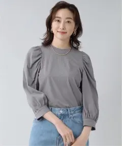 アンタイトル　ジャカードストライプ柄 パフスリーブカットソー　グレー系