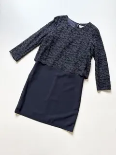 オンワード樫山自由区ネイビー ワンピース38 身頃レース フォーマル セレモニー