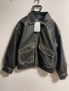 ヴィンテージ風　レザー 中綿入りブルゾン　Mサイズ　オーバーサイズ　ユニセックス