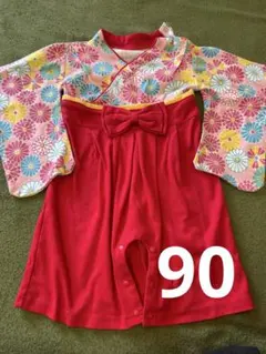 赤と花柄の着物セレモニー ロンパース90