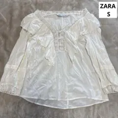 ZARA アイボリー フリルカラー　レース ブラウス