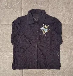 昭和レトロ　総柄　刺繍入り　ネイビー　ブラウス　　レースシャツ　フォーマル　LL