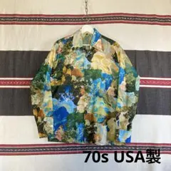 70sUSA製Arrowアールヌーボー総柄アートプリントオープンカラーポリシャツ