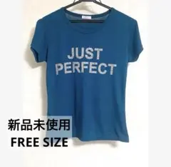 Qoo10ブルー半袖Tシャツ JUST PERFECTプリント 紺青夏カットソーのサムネイル
