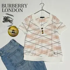 バーバリーロンドン コットンニット ホースロゴ ボタン刻印 チェック柄 Mサイズ