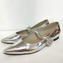 OHGA オーガ ビジューストラップパンプスシルバー ポインテッドトゥ 25cm