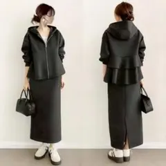 【新品＊】フード付き 長袖 ダークグレー 裏起毛 セットアップ 2点セット