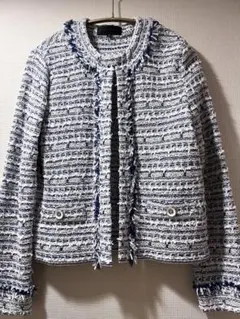 ノーカラーツイードジャケット ブルー系