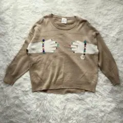 ScoLar 手描きアート柄　ニット M ベージュ　手　ネイル　スカル　デザイン