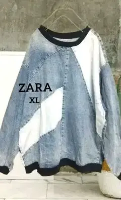 美品✨ ZARA デニム パッチワークダメージスウェット XL オーバーサイズ