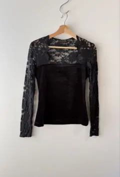 90s レース ベロア切り替え ロングスリーブトップス ブラック hooked