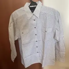 ストライプ 長袖シャツ 2ポケット　クレージュ